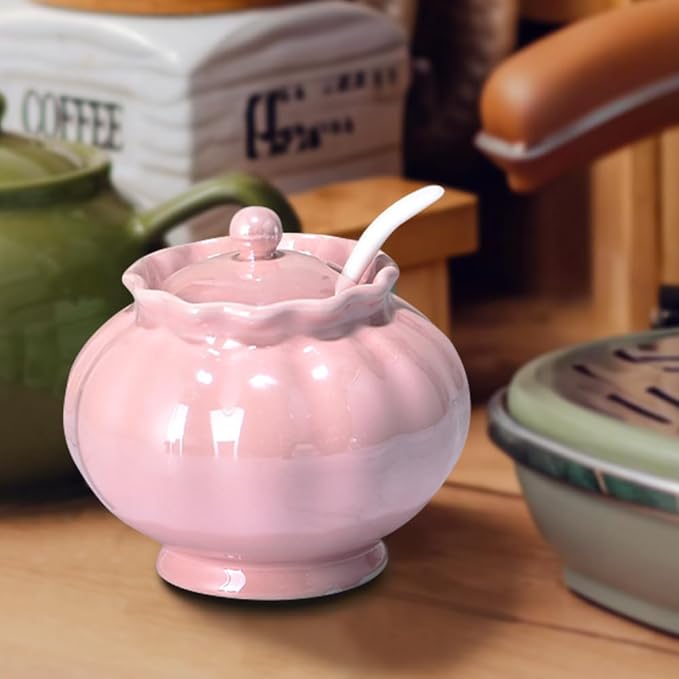 Iridescent Sugar Bowl, Porcelain Salt Cellar with Lid and Spoon, 9oz Sugar Jar for Coffee Bar, Salt Box Sugar Containers for Seasoning, Spice, Sauce, Elegant Decor for Kitchen Countertop