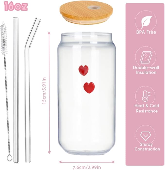 Coquette Aesthetic Glass Can Cup with Bamboo Lid and Straw, 16oz Cute Red Heart Travel Tumbler, Iced Coffee Matcha Smoothie Cup, Trendy Stuff Gifts for Women, Girl Gifts