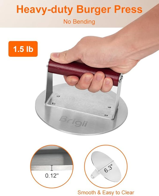 Brigii 6.3" Stainless Steel Smashed Burger Press, Round Flat Edge Grill Press for Crispy Smash Burgers, Hamburger Tool for Grill and Griddle Accessories, for BBQs and Tailgates, Dishwasher Safe