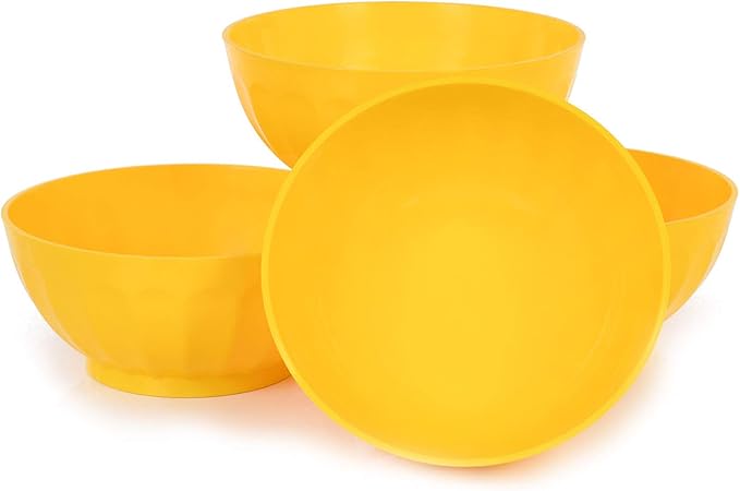 Mintra Unbreakable Plastic Bowl, YELLOW 4pk - Large, 1.8L, 60oz, 7.75inW x 3.25inH - (Part Of A Set) - Salad, Snacks, Breakfast Cereal, Fruit, Popcorn, Soup, Colorful, Shatterproof, BPA Free
