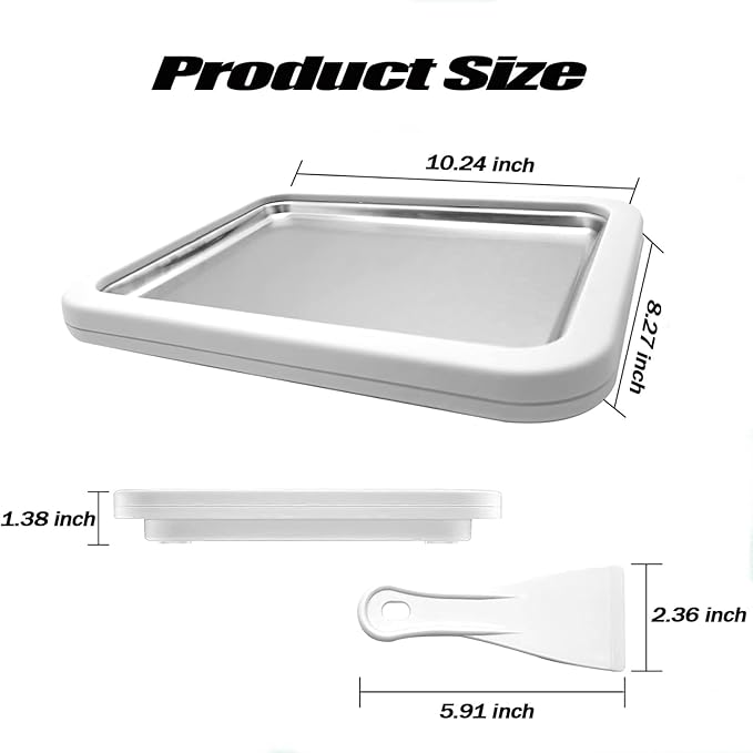 Rolled Ice Cream Maker Large, At Home Rolled Ice Cream Tray Kit With 2 Scrapers, Diy Stainless Steel Instant Frozen Yogurt Cold Plate, Fun Family Activity, Easy Homemade Desserts (White, 10.2"x 8.2")