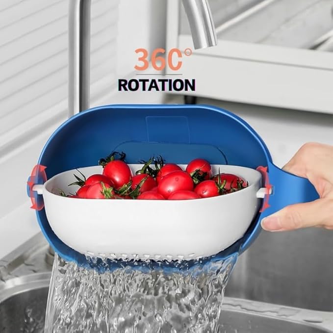 Blue 6-in-1 Vegetable Slicer and Grater with Drain Basket – Multifunctional Kitchen Mandoline Cutter for Slicing, Shredding, Grating – Includes 6 Blades – Wash & Cut Integrated Design