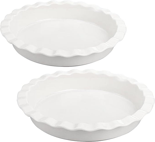 Foraineam Porcelain Pie Pan for Baking, Oven Safe Pie Plate Baking Dish, 9 Inches Round Deep Dish with Ruffled Edge, Set of 2
