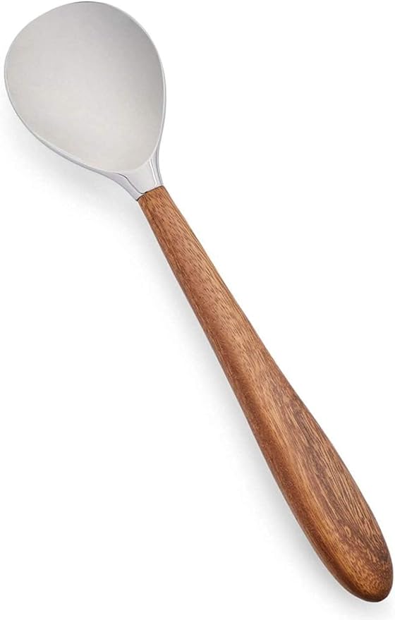 Nambé Curvo Serving Spoon, 13 x 3" Stainless Steel Bowl with Acacia Wood Handle, Modern Tableware Utensil for Serving Side Dishes, Salads, Main Courses, Pasta, Rice & Dinner Parties