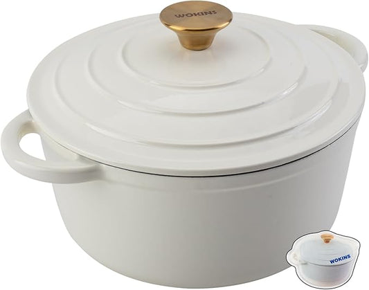 WOKINS Enameled Cast Iron Dutch Oven Pot with Lid Heavy-Duty Cookware for Bread Baking,Braising,Stews,Roasting,Oven Safe up to 500°F,5.5QT,creamy white