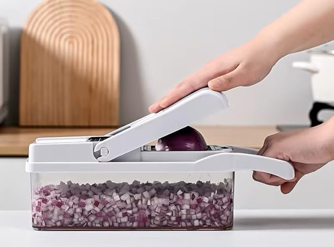 DOSTDR - Vegetable Chopper, Mandoline Slicer, Veggie Chopper, Food Chopper with Container, Vegetable Cutter for Onion Salad Vegetable Chopper, Fruit Slicer, Shredding, Multi-Function (White & Black)