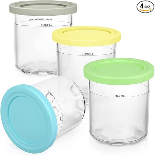 4 Pack Replacement Ice Cream Pint with Lid，Compatible with Ninja Creami Ice Cream Maker: NC301, NC300, NC299AMZ Series (Grey/Blue/Green/Yellow)