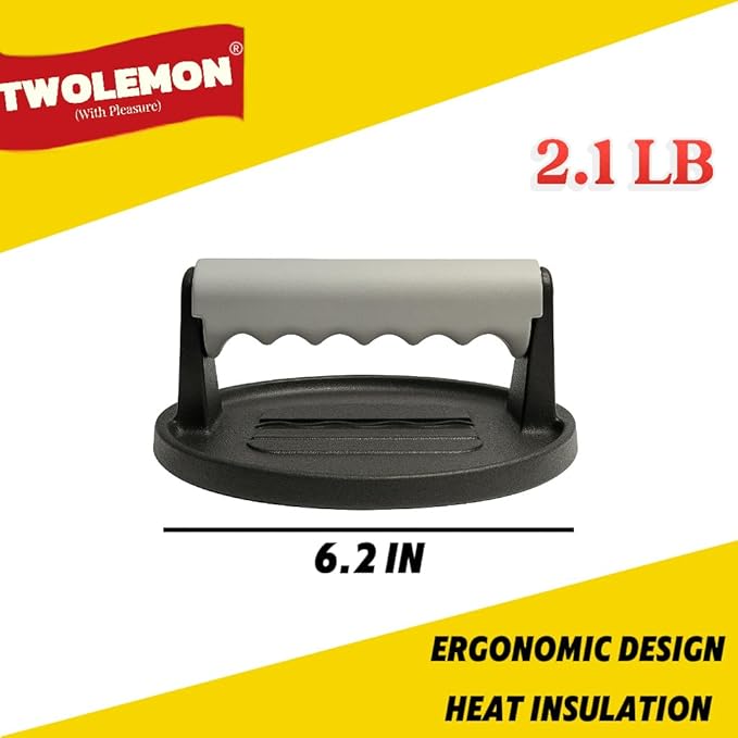 Smash Burger Press 6.7-Inch Round Cast Iron Grill Press with Ergonomic Silicone Handle – Heavy-Duty Bacon with Unique Burger Design for Even Grilling