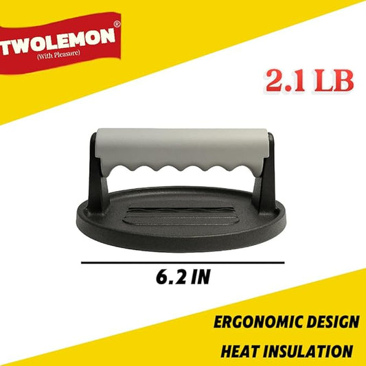 Smash Burger Press 6.7-Inch Round Cast Iron Grill Press with Ergonomic Silicone Handle – Heavy-Duty Bacon with Unique Burger Design for Even Grilling