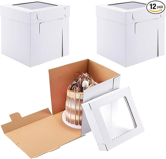 Huoshange Tall Cake Boxes for Tier Cakes,8x8x8 Inch [12Pack ] Thick Sturdy Cake Box with Window, White Cake Carrier,Disposable Cake Containers