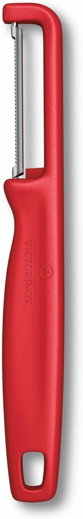 Victorinox Iota Peeler for Vegetables, Fruits, Serrated Edge, Extra Sharp, Swiss Made, Red