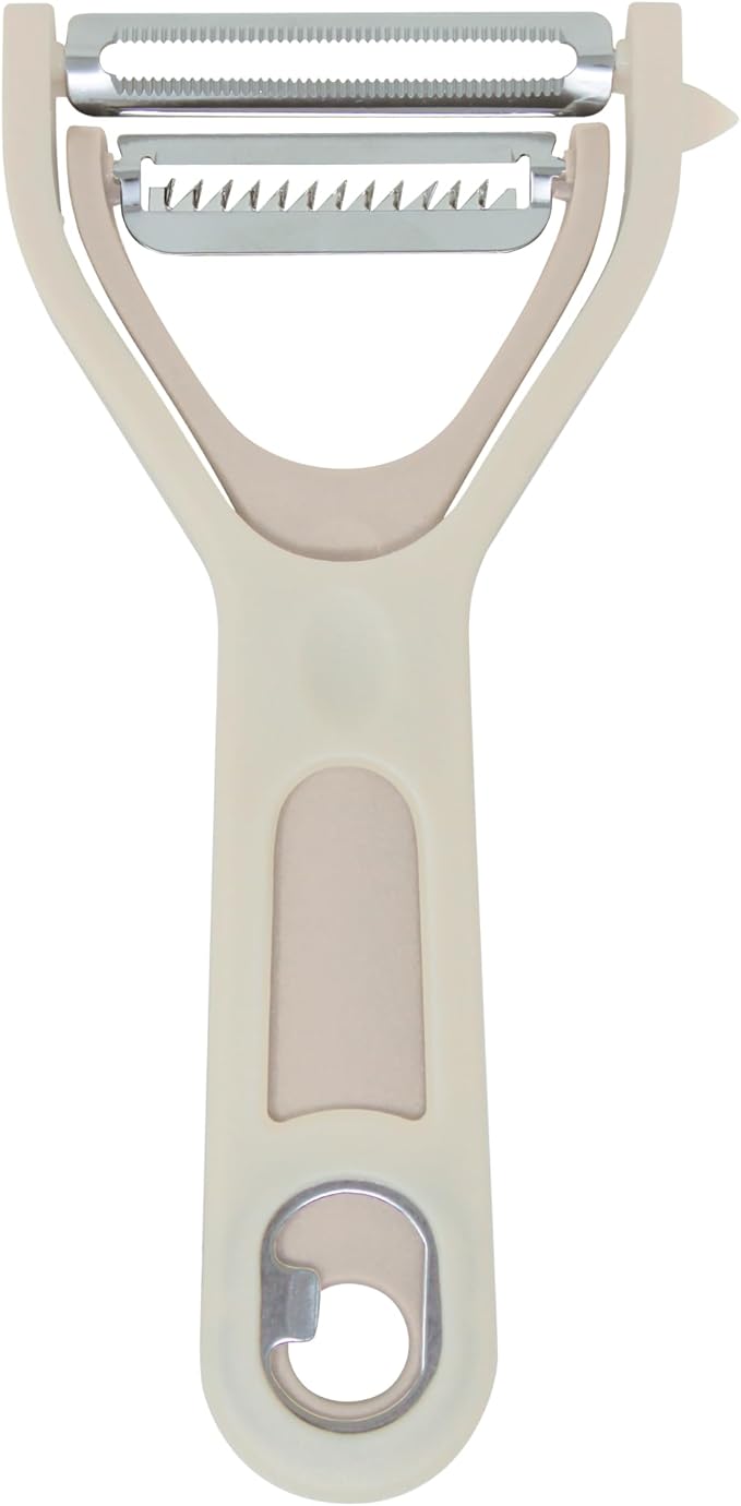 3 in 1 Vegetable Peeler – Julienne Slicer with Bottle Opener and Built-in Eye Remover – Stainless Steel Blade with Comfortable Handle – Potato, Cabbage, and Carrot Peeler for Kitchen – Beige