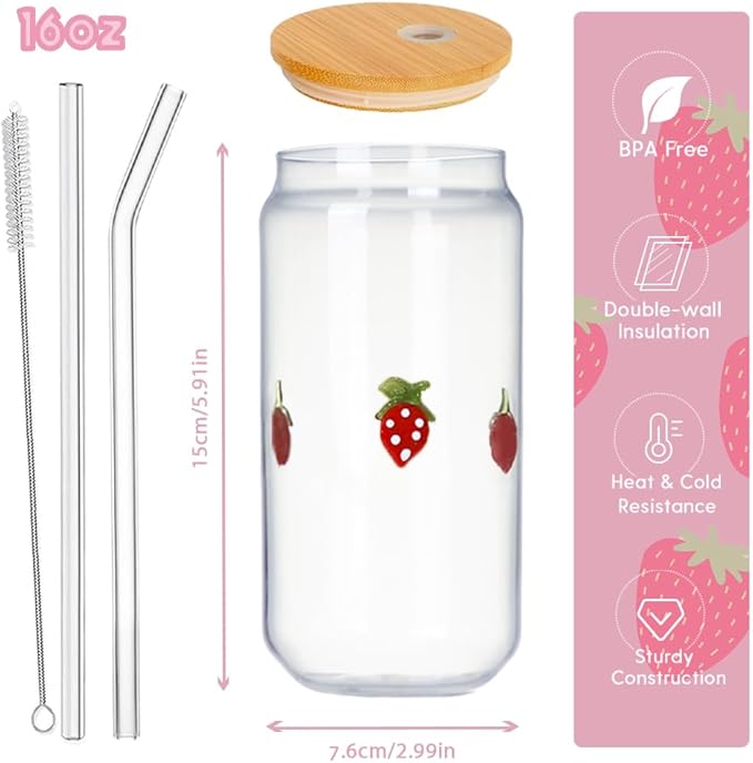 Coquette Aesthetic Can Glass Cup with Bamboo Lid and Straw, 16oz Cute Strawberry Tumbler for Smoothie, Iced Coffee Matcha Cup, Trendy Stuff Gifts for Women, Girl Gift