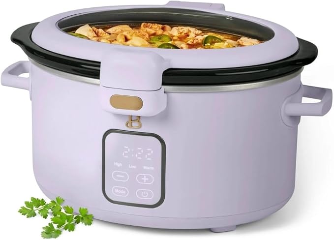 Beautiful by Drew 4.0-Quart Programmable Slow Cooker with Hinged Lid, Digital Timer, Keep Warm Function, Removable Stoneware Pot, Stainless-Steel Accents (Lavander)