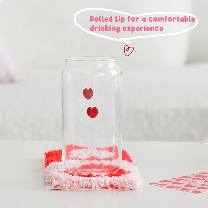 Coquette Aesthetic Glass Can Cup with Bamboo Lid and Straw, 16oz Cute Red Heart Travel Tumbler, Iced Coffee Matcha Smoothie Cup, Trendy Stuff Gifts for Women, Girl Gifts