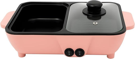 Electric Hot Pot with Grill, 2-in-1 Non-Stick Pot & Griddle, Dual Temp Control 149°F/482°F, 1200W Fast Heating, 2L Hot Pot & 1L Frying Pan for 1-4 People, Indoor BBQ, Pink