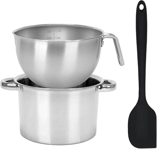 3PCS Double Boiler Pot Set, 1250ML/1.1QT Mixing Bowl with Scale 2200ML/ 2QT Stainless Steel Heating Pot with Silicone Spatula for Cheese Chocolate Candy Candle Soap Wax Melting (1250ml+2200ml)