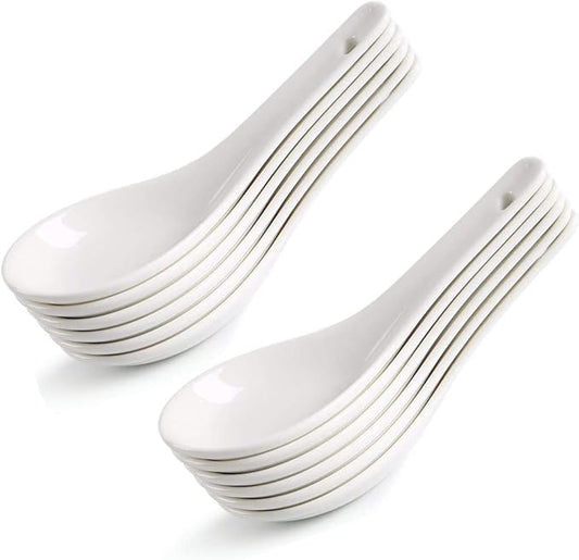 HAPPY KIT Asian Soup Spoons Set of 12, Ceramic Ramen Spoons Set Proper for Corelle Pho Miso Wonton Ramen Dumpling Macaron Dishwasher & Oven Safe