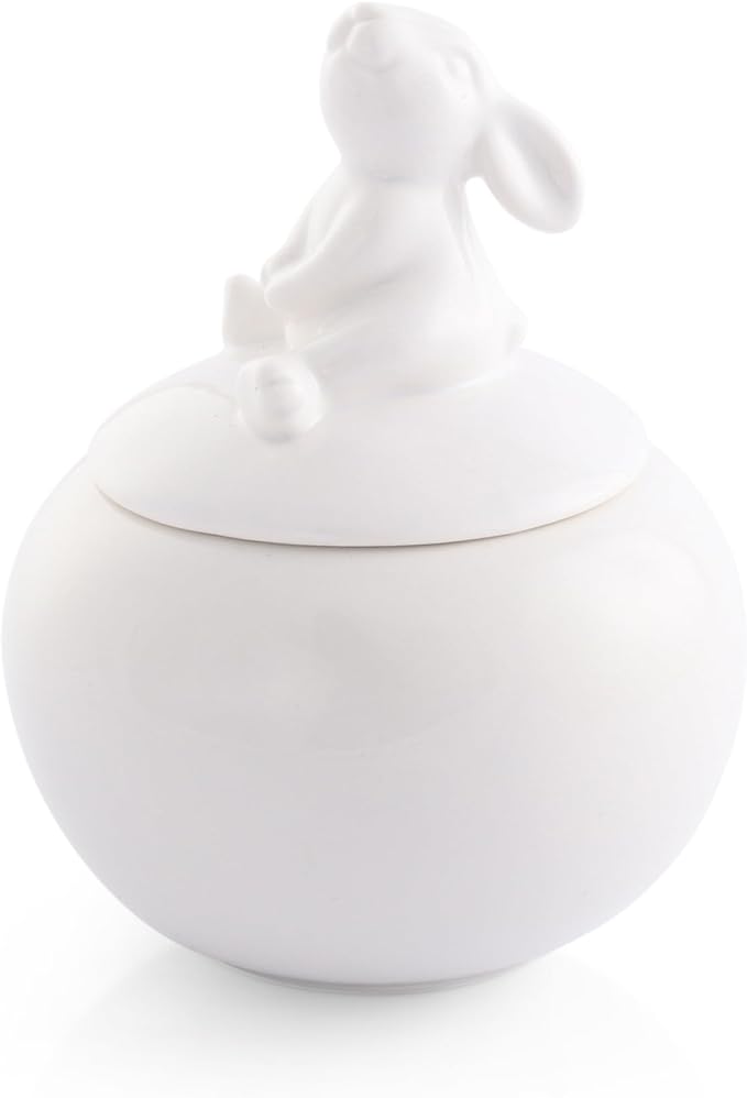 Arthur Court Sugar Bowl, White Stoneware, Setting Bunny Design on Lid, Durable and Easy to Clean - Whimsical and Elegant, Perfect for Tea or Coffee Time, Enhances Easter Table Décor