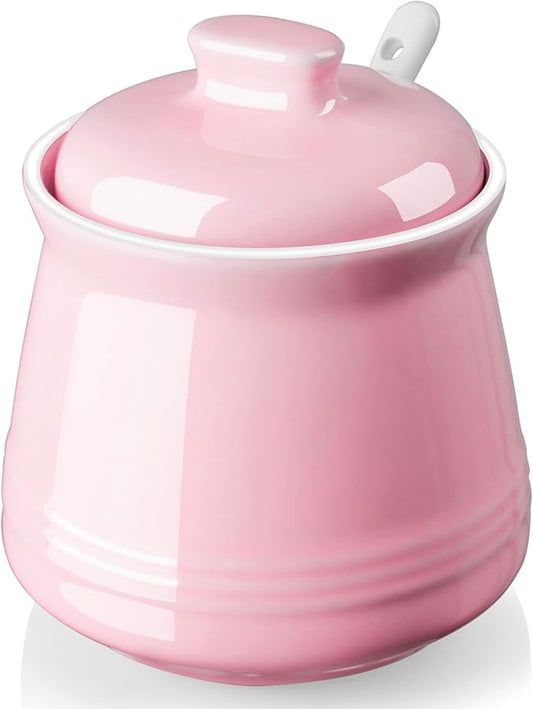 Sugar Bowl with Lid and Spoon - 12 oz Ceramic Sugar Bowl with Spoon - Sugar Container for Coffee Bar - Sugar Jar Sugar Dispenser Bowl - Pink Kitchen Decor and Accessories