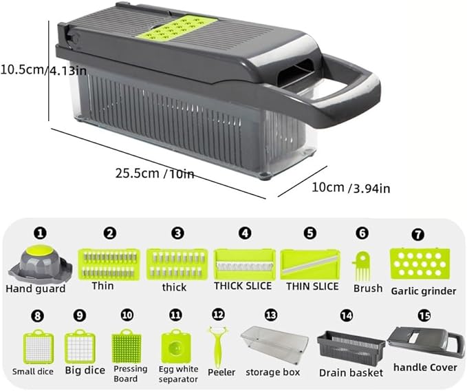 15-in-1 Vegetable Chopper with Storage Container, Gray Green, Multi-Blade Food Slicer, Dicer, Grater Set, 10x4x4 Inch, Kitchen Mandoline for Onion, Garlic