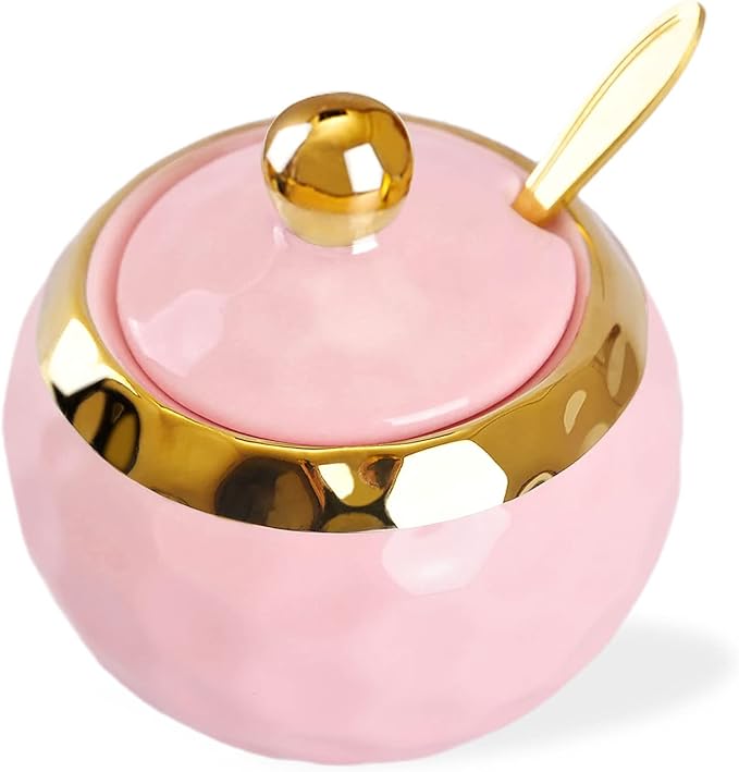 WHJY Ceramic Sugar Bowl with Lid and Spoon, Golf Design Porcelain Salt Bowl Salt Container, Modern Spice Box Seasoning Jar for Home and Kitchen Coffee Bar - Pink