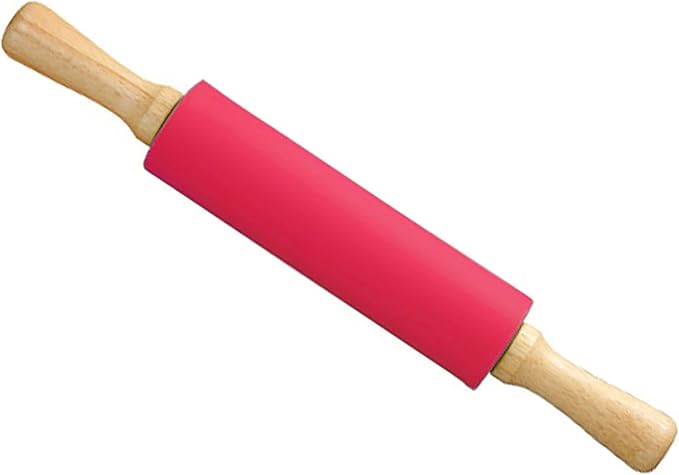 Silicone Rolling Pin, Red 11.4 Inch Pin with Wooden Rotatable Handle for Dough of Baking Bread, Cookie, Pizza (red, 11.4 inch)
