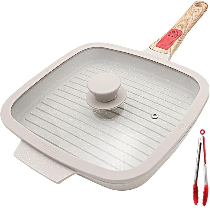 RANX INGST Griddle Pan with Lid, 10 Inch Cast Aluminium Non Stick Steak Pan with Detachable Handle for Induction Hob, White