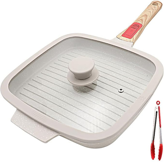 RANX INGST Griddle Pan with Lid, 10 Inch Cast Aluminium Non Stick Steak Pan with Detachable Handle for Induction Hob, White