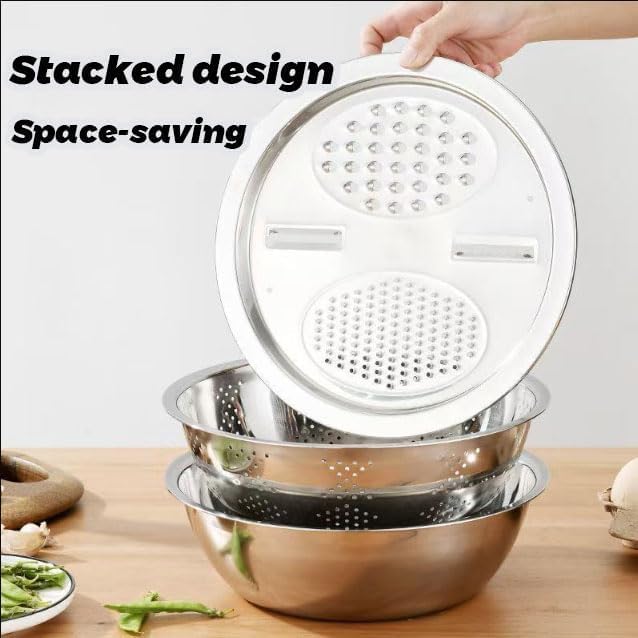 Germany Multifunctional Stainless Steel Basin, 3 in 1 Multifunctional Stainless Steel Basin Strainer Set with Vegetable Strainer & Drain Basket, for Vegetables Fruits (S: 24cm/9.5in)
