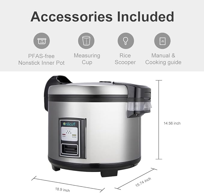 Onlicuf Commercial Rice Cooker 35 Cups Uncooked (70 Cups Cooked) with Stainless Steel Exterior,Large Rice & Grain Cooker for Restaurant,Double Protection,Silver