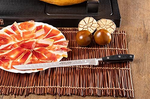 Arcos Knife/Ham Knife 10 Inch Nitrum Stainless Steel and 250 mm blade. Used for or carving various types of food with precision and ease. Series Riviera. Color Black