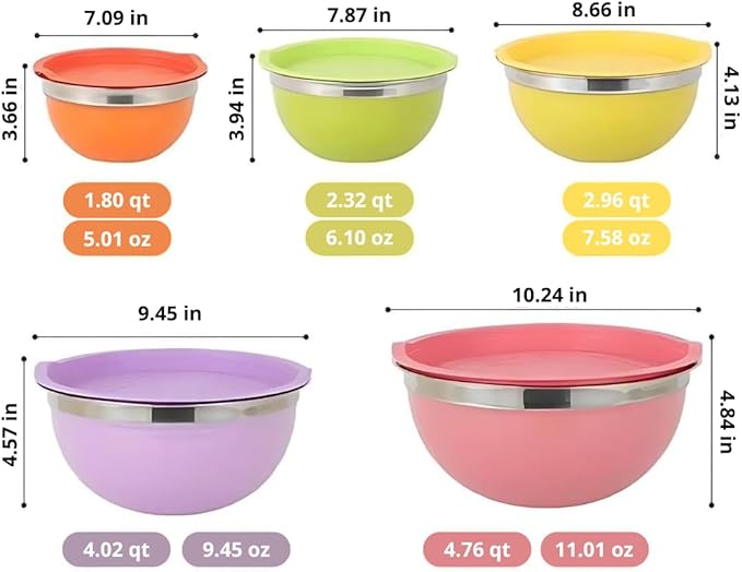 5-Piece Colorful Stainless Steel Mixing Bowls with Matching Non-Airtight Lids – Nesting Stackable Design for Cooking, Baking, Meal Prep & Food Storage – Durable, Easy-Clean Kitchen Set