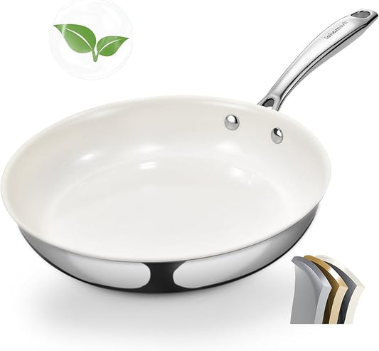 SAKAMOSH 9.5" Tri-Ply Stainless Steel Frying Pan, Nonstick Ceramic Pan, Skillet with Stay-Cool Handle, Non Toxic, PFAS PFOA PTFE Free, Dishwasher & Oven Safe, Induction, Compatible with All Cooktops