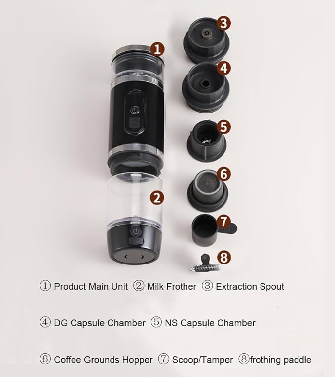 Caalio Portable Espresso Maker with Heating & Milk Frothing Cup, Coffee Maker, 3-in-1 Compatible with Ground Coffee and Dual Capsule Formats,Type-C Rechargeable Battery, Leak-Proof & Durable Design