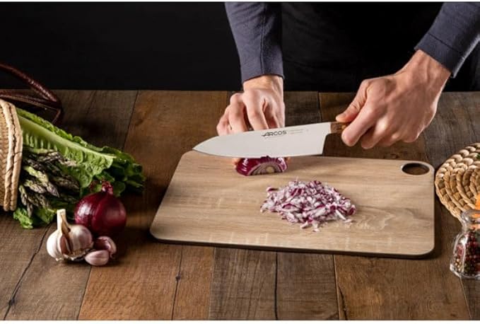 Arcos Chef Knife 8 Inch Stainless Steel. Professional Kitchen Knife for Cooking. Ovengkol Wood Handle 100% natural FSC and 210 mm Blade. Series Nordika