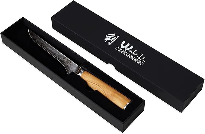 Wakoli Oribu Damascus Boning Knife – Full Tang Kitchen Knife | 5.5-Inch Blade Made of 67-Layer Genuine Damascus Steel with AUS-10 Core | Ergonomic Olive Wood Handle | Sharp & Durable