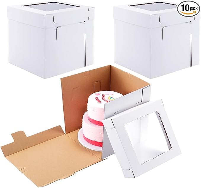 Huoshange Tall Cake Boxes for Tier Cakes,12x12x12 Inch [10 Pack ] Thick Sturdy Bakery Box with Window,White Wedding Cake Boxes,Layer Cake Carrier,Disposable Cake Containers
