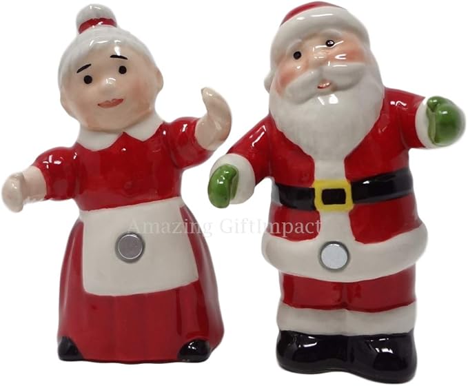 Christmas Santa and Mrs Claus Dancing Couple Hugging Magnetic Salt and Pepper Shakers Set