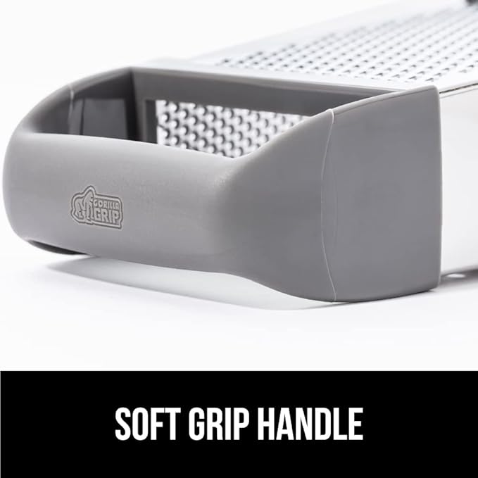 GORILLA GRIP 4-Sided Stainless Steel Cheese Grater With Container, 100% BPA-Free Box Grater, Slip Resistant Base and Handle, Grate Parmesan, Hard Cheeses, Shred Vegetables, Dishwasher Safe, Gray