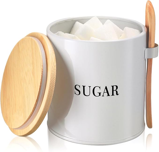 AISBUGUR Sugar Bowl with Lid and Spoon: 17oz Metal Sugar Container - Airtight Food Sugar Jar - Coffee Bar Accessories - Countertop Kitchen Decor (White)