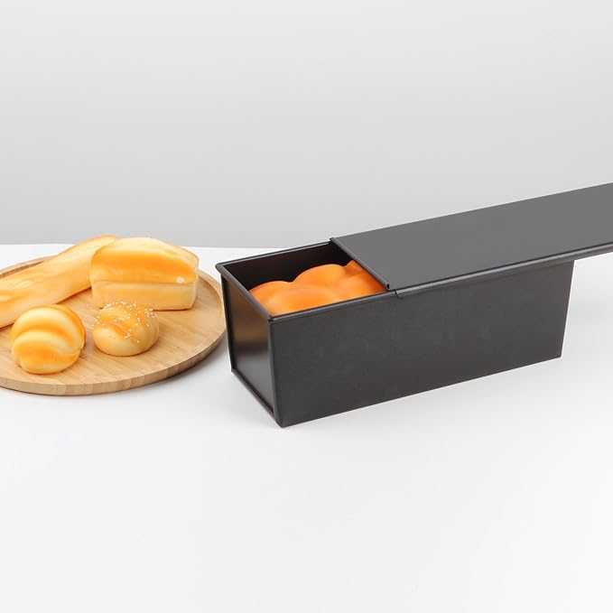 2.2LB Pullman Loaf Pan with Lid, Toast Mold Nonstick Bread Pan Bakeware, Commercial Pullman Bread Pan Dough Capacity, Carbon Steel Bread Toast Baking Pan Mold for Baking Bread-Black