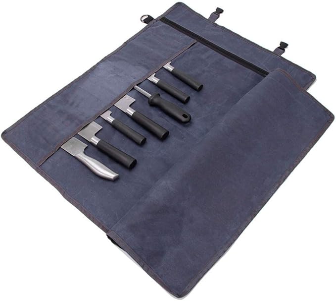 Chef’s Knife Roll Bag,Waxed Canvas Knife Cultery Carrier, Portable Chef Knife Cases,Knife Pouch Holders With 10 Slots Plus 1 Zipper Pockets Can Hold Home Kitchen Knife Tools Up To 18.8”