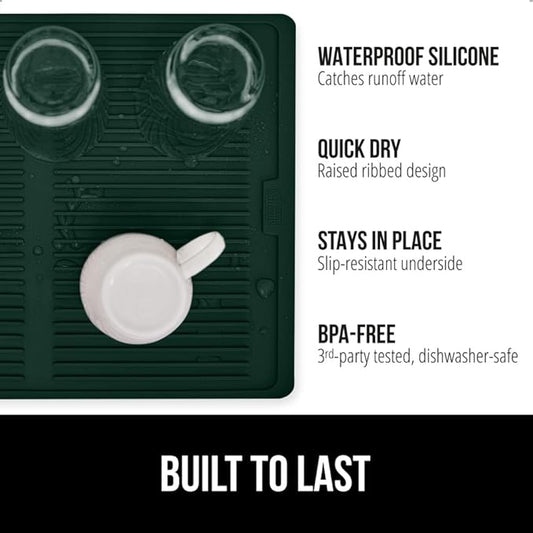 GORILLA GRIP 100% BPA-Free Silicone Dish Drying Mat for Kitchen Counter, Quick Dry, Water Catching Ribbed Design, Easy Clean Waterproof Sink Liner, Heat Resistant, Fits Under Rack, 11x13, Hunter Green