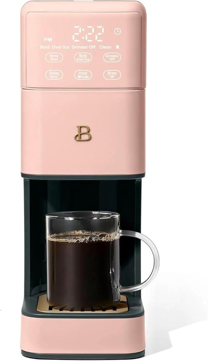Beautiful Perfect Grind Programmable Single Serve Coffee Maker, Burr Grinder, 64 oz Reservoir, 6 Brew Sizes by Drew Barrymore (Rose)