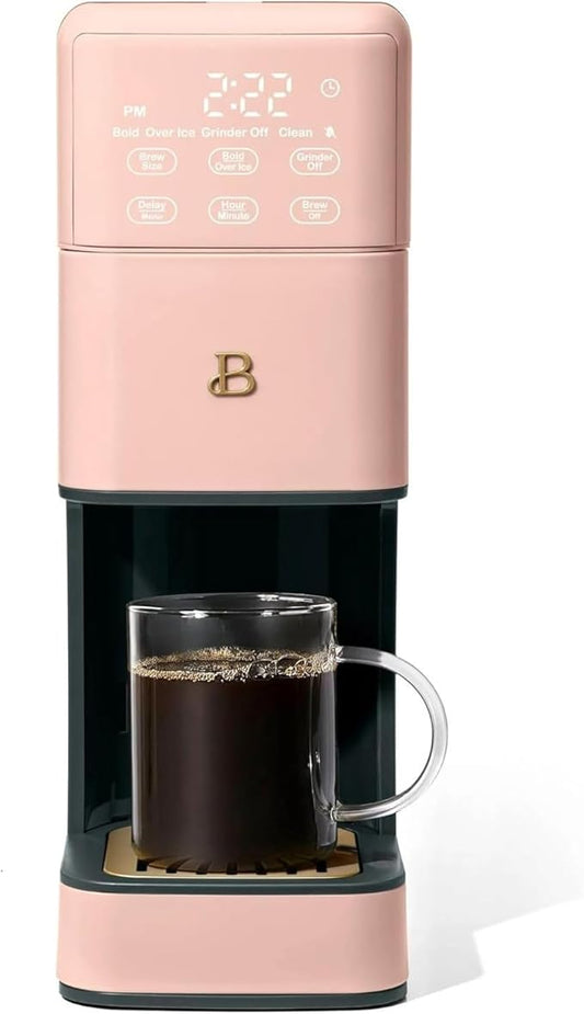 Beautiful Perfect Grind Programmable Single Serve Coffee Maker, Burr Grinder, 64 oz Reservoir, 6 Brew Sizes by Drew Barrymore (Rose)