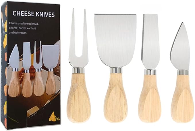 Charcuterie Accessories, 4 PCS Cheese Knives Set with Wood Handle, Stainless Steel Cheese Slicer/Cheese Cutter (Cheese Knife, Shaver, Fork and Spreader) for Charcuterie Board Accessories
