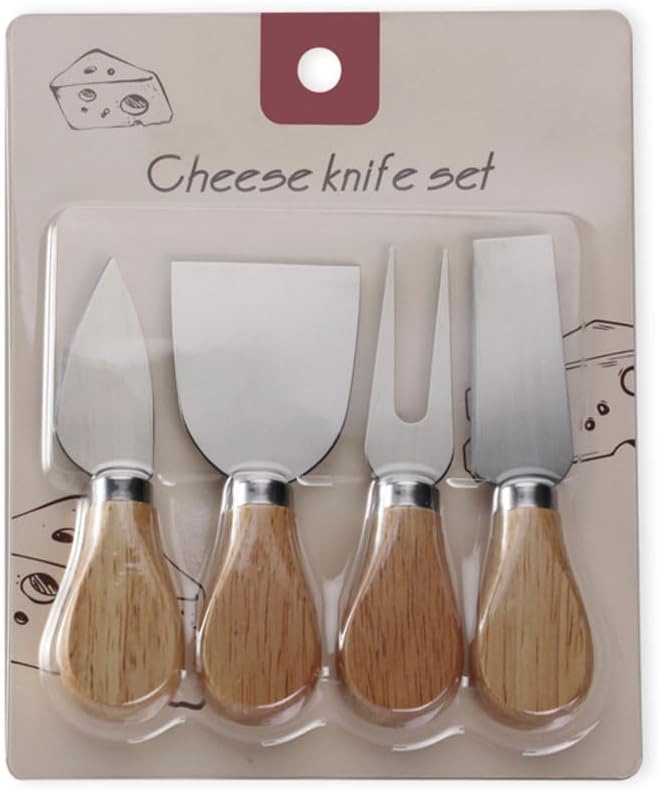 4-Piece Set of Stainless Steel Cheese Knives with Wood Hand, Including Cheese Slicer and Cheese Cutters, Essential Cheese Tools for the Kitchen (Oak handle, Silver)
