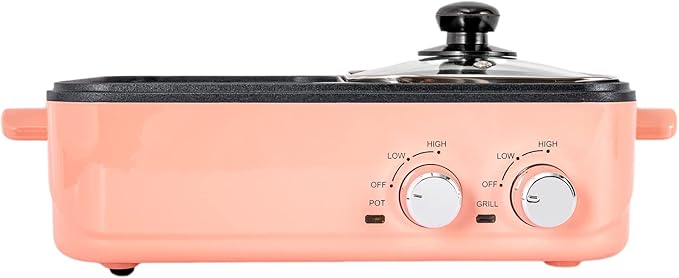 Hot Pot with Grill, Electric Hot Pot and Frying Pan Dorm Cooking Hot Pot Electric with Grill 2 in 1 Indoor Non-stick Shabu Pot Dual Temperature Control, Fast Heating (Pink)