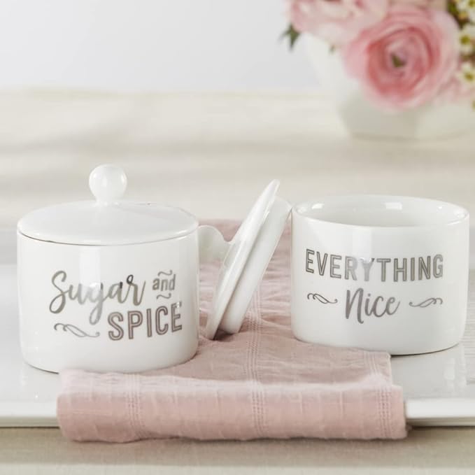 Kate Aspen Ceramic Sugar Container/Bowl, Spice and Everything Nice, White with Silver Foil, one size